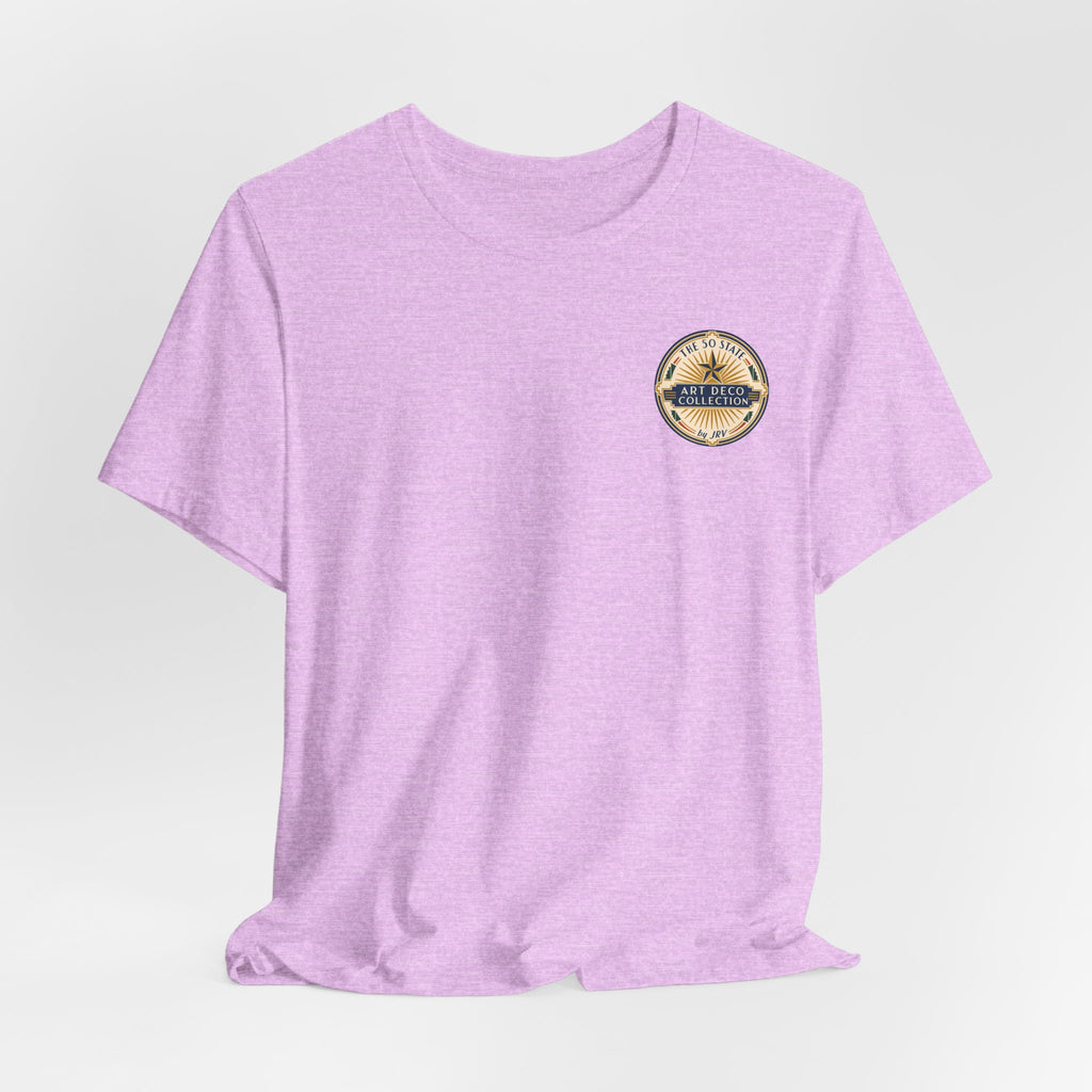 Lavender/purple short-sleeve T-shirt with small circular logo graphic on the chest.