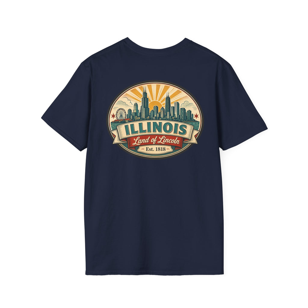Navy T-shirt with circular Illinois skyline badge, Est. 1818