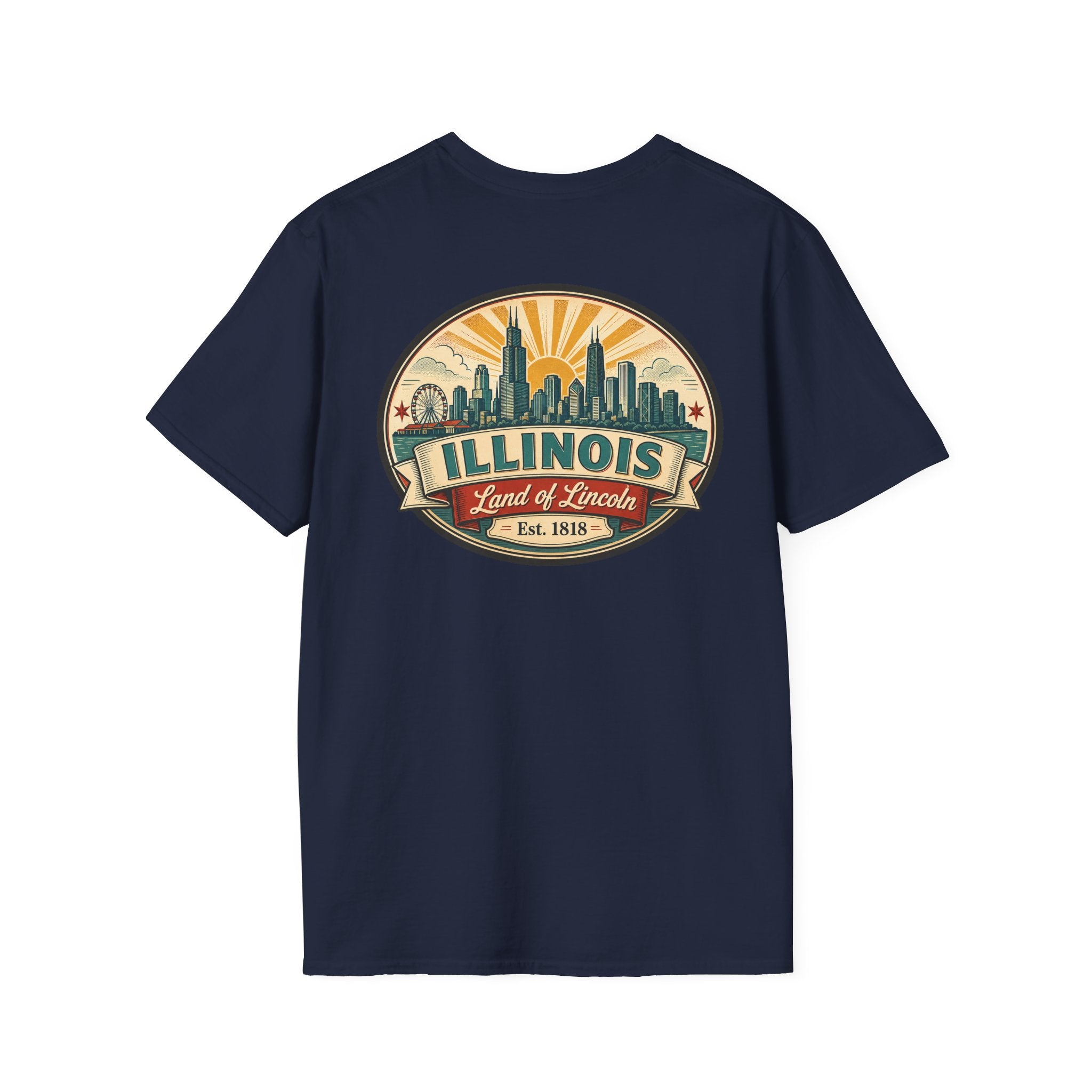 Navy T-shirt with circular Illinois skyline badge, Est. 1818