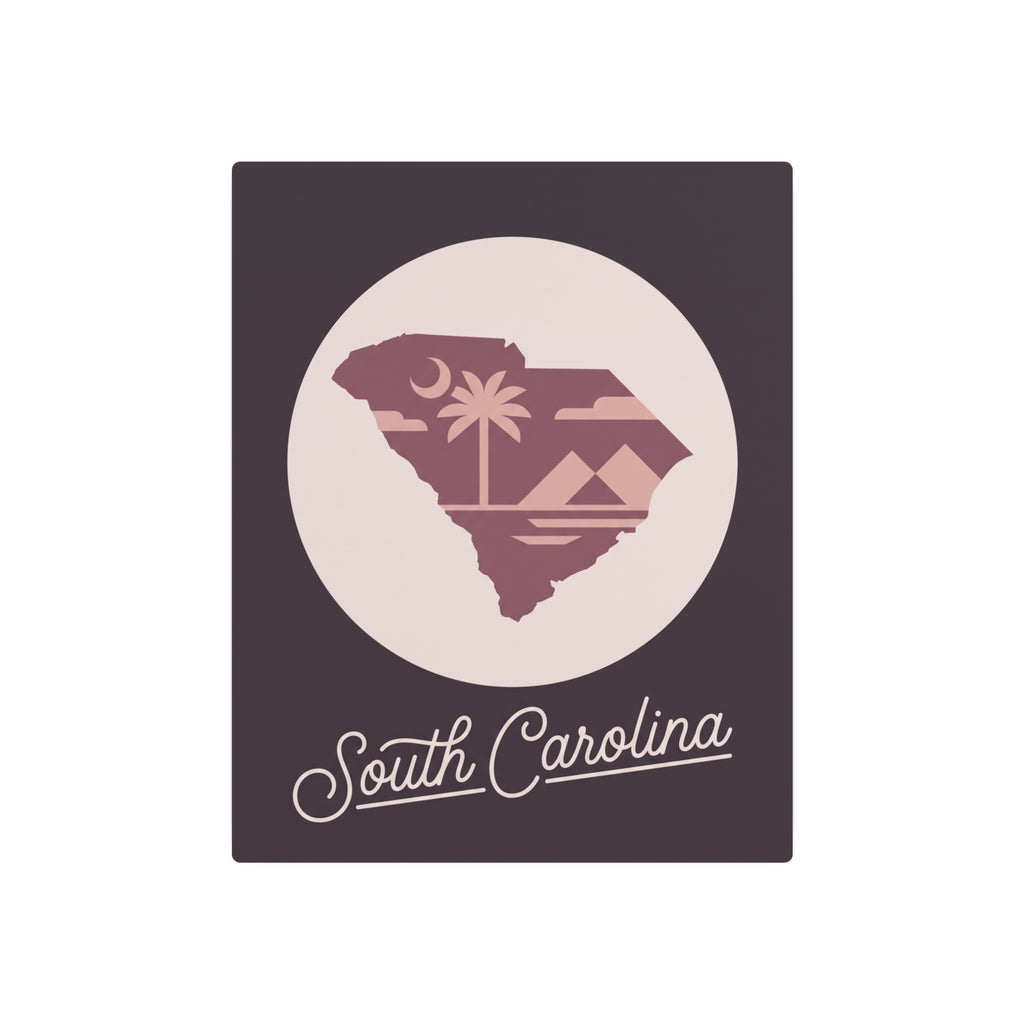 Mauve square metal wall art with circular South Carolina silhouette and palm icon