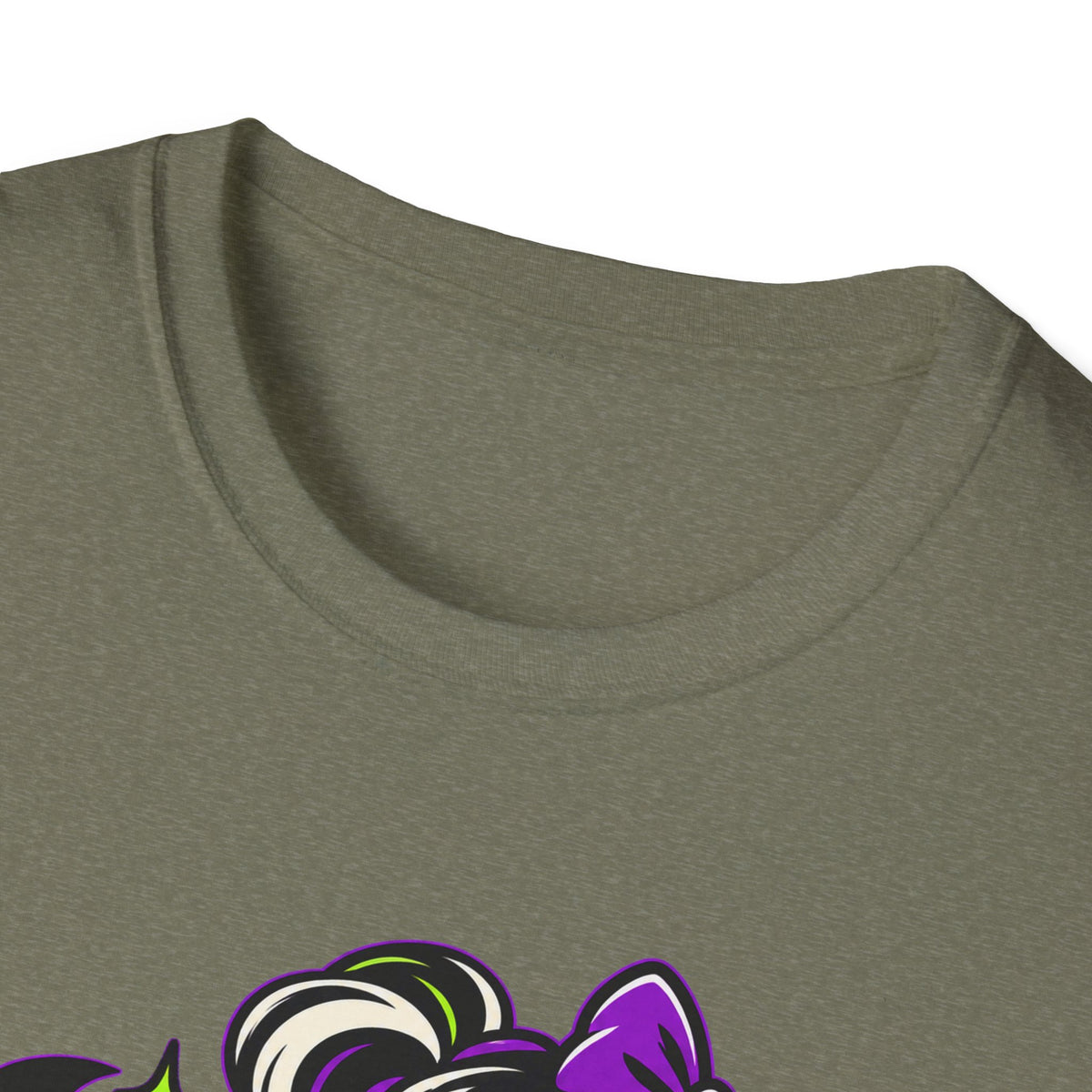 Olive Halloween monster graphic T-shirt close-up of crew neck and partial Ghoul artwork