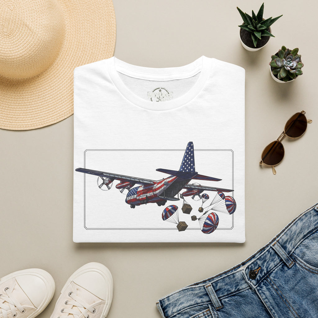 White crew-neck T-shirt with illustrated cargo plane and parachute-style drop graphic