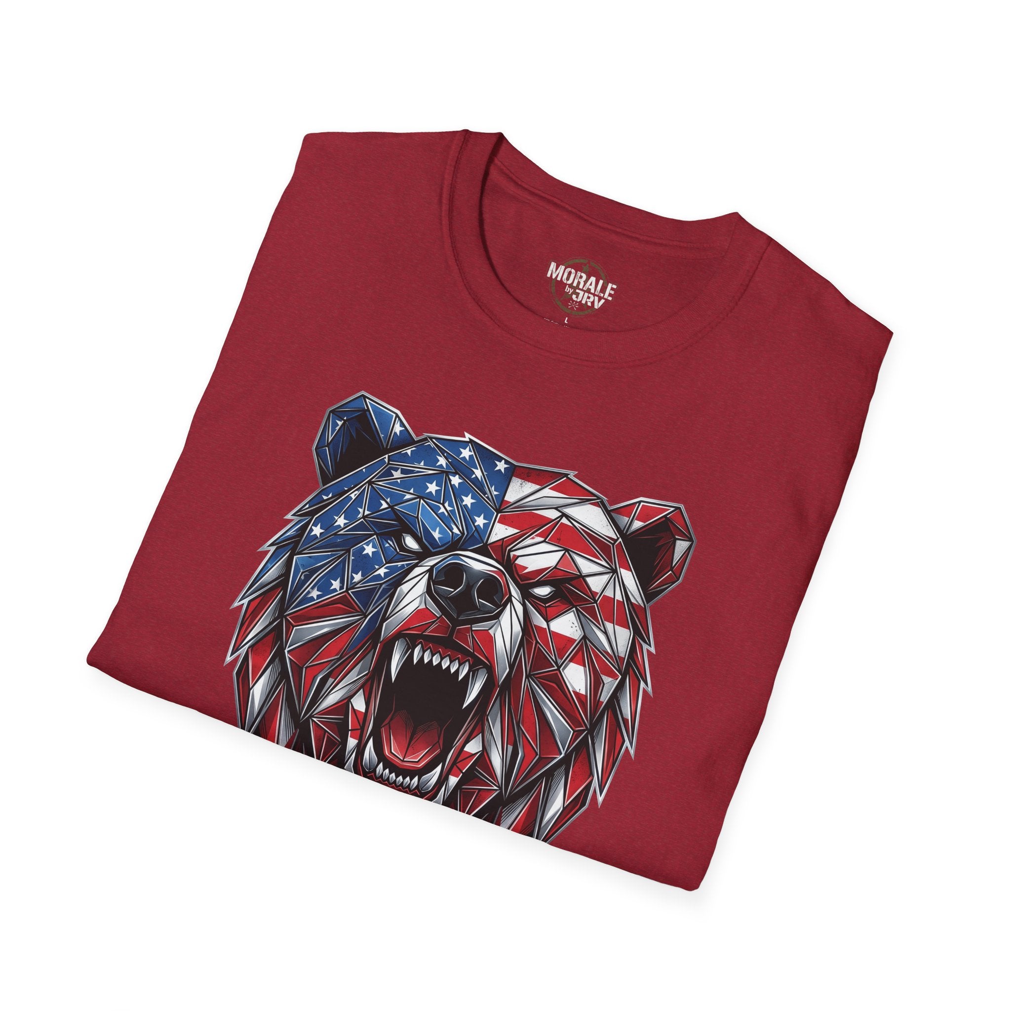 Red graphic T-shirt with patriotic bear head in blue, red, and white
