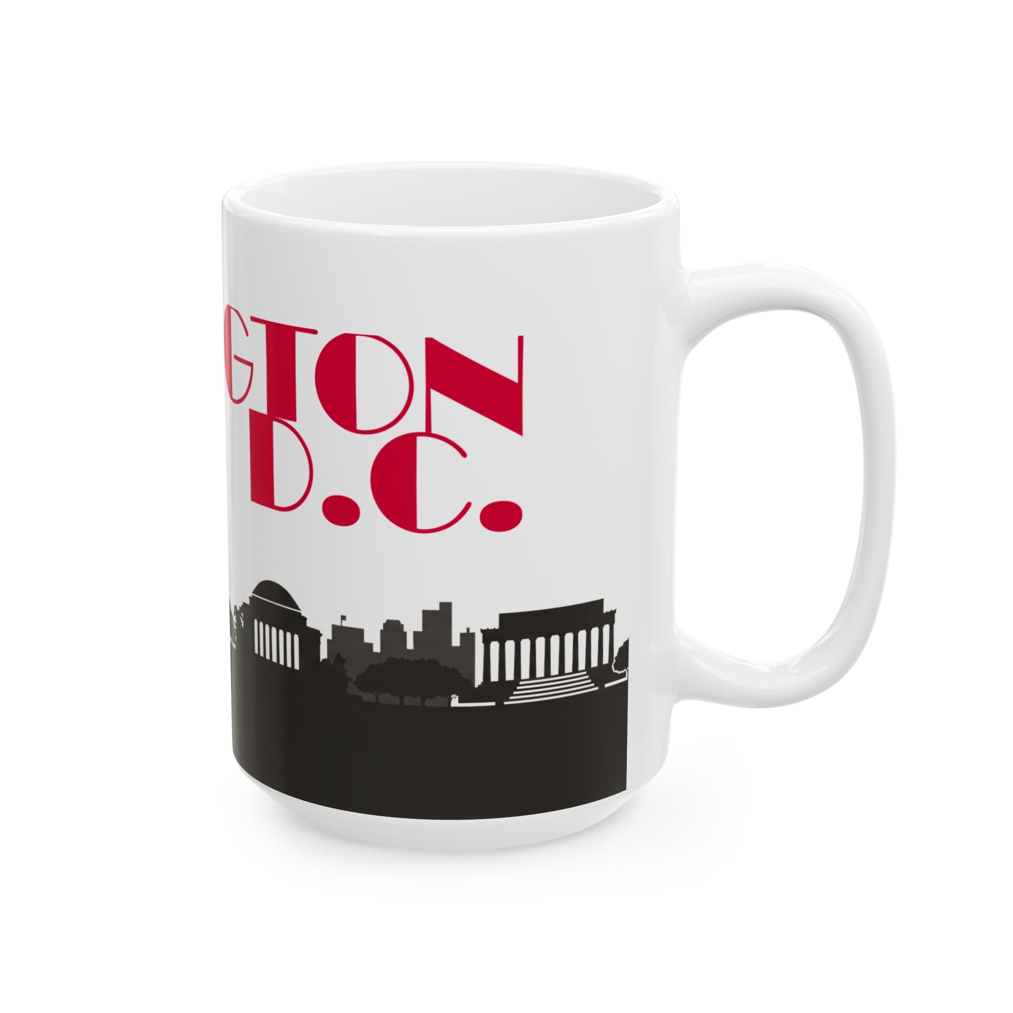 White ceramic mug with red 'GTOWN D.C.' text and black skyline with bridge