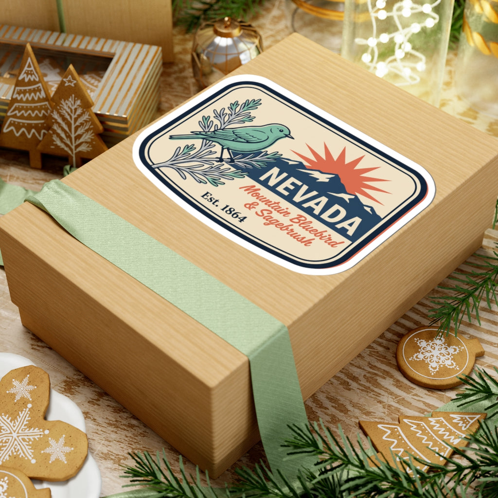 Nevada vintage state badge sticker on a gift box, with bluebird, sagebrush, mountain, Est. 1864.