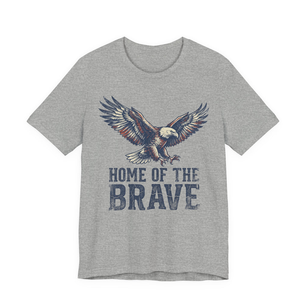 Heather gray T-shirt with bald eagle graphic and “Home of the Brave” text