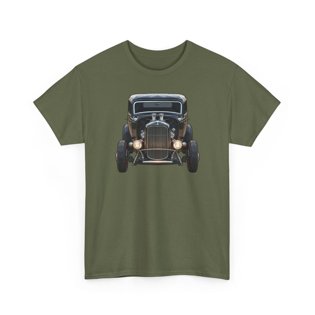 Forest green T-shirt with vintage hot rod front graphic centered on the chest