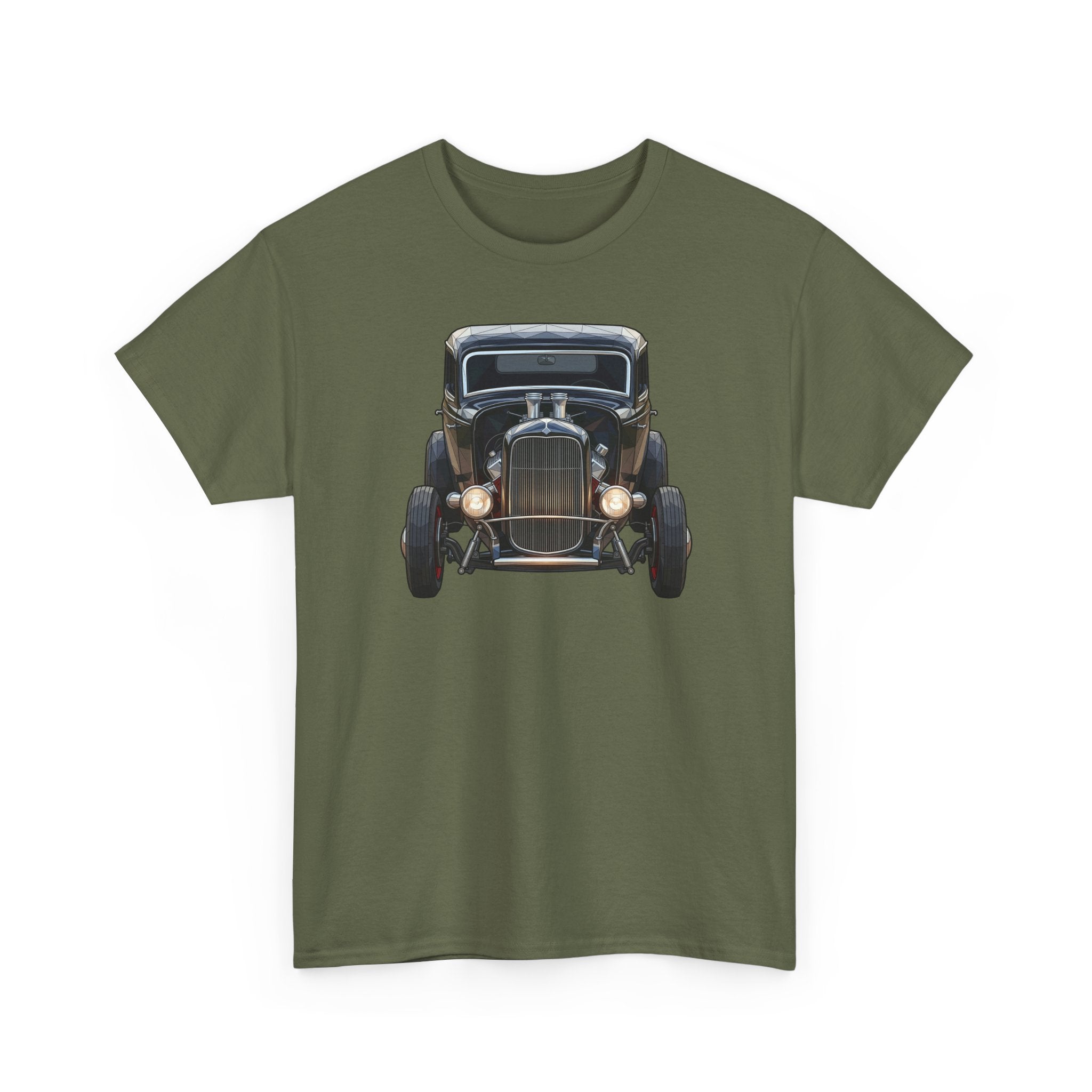 Forest green T-shirt with vintage hot rod front graphic centered on the chest
