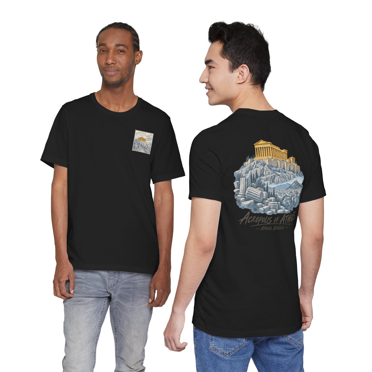 Black crewneck T-shirt with small chest stamp graphic and large back temple illustration