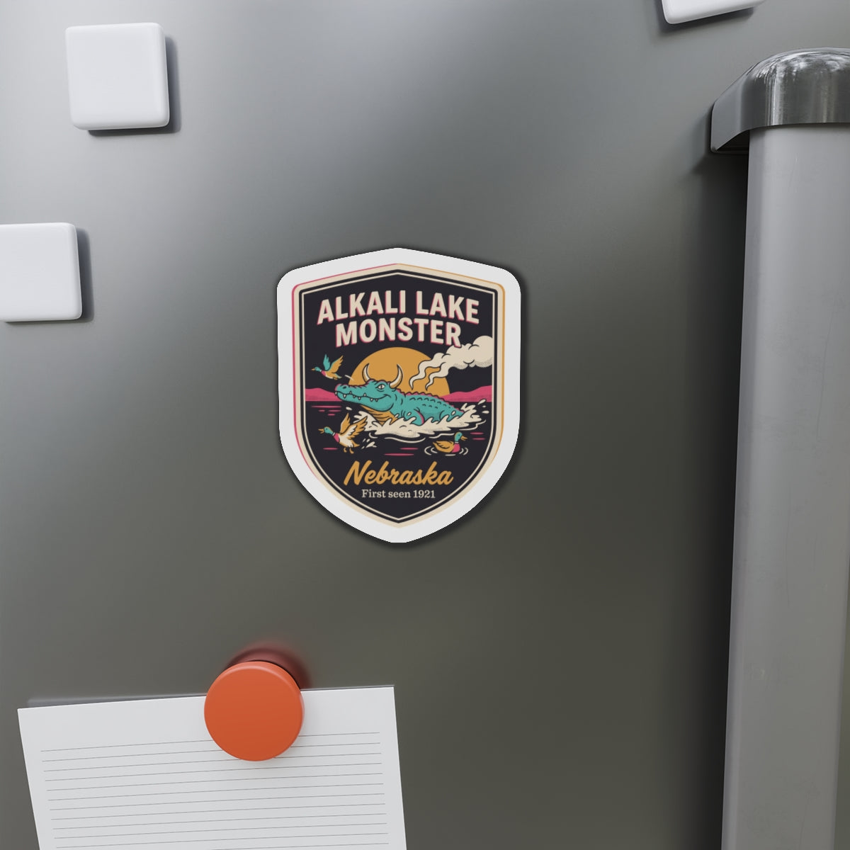 Shield-shaped die-cut magnet on a refrigerator door, showing Alkali Lake Monster and Nebraska
