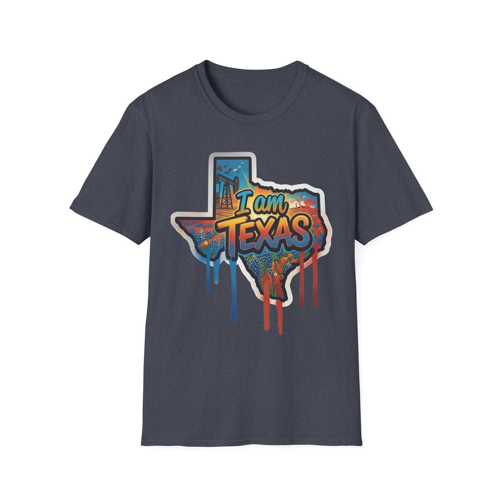 Dark heather T-shirt with colorful Texas state outline graffiti graphic