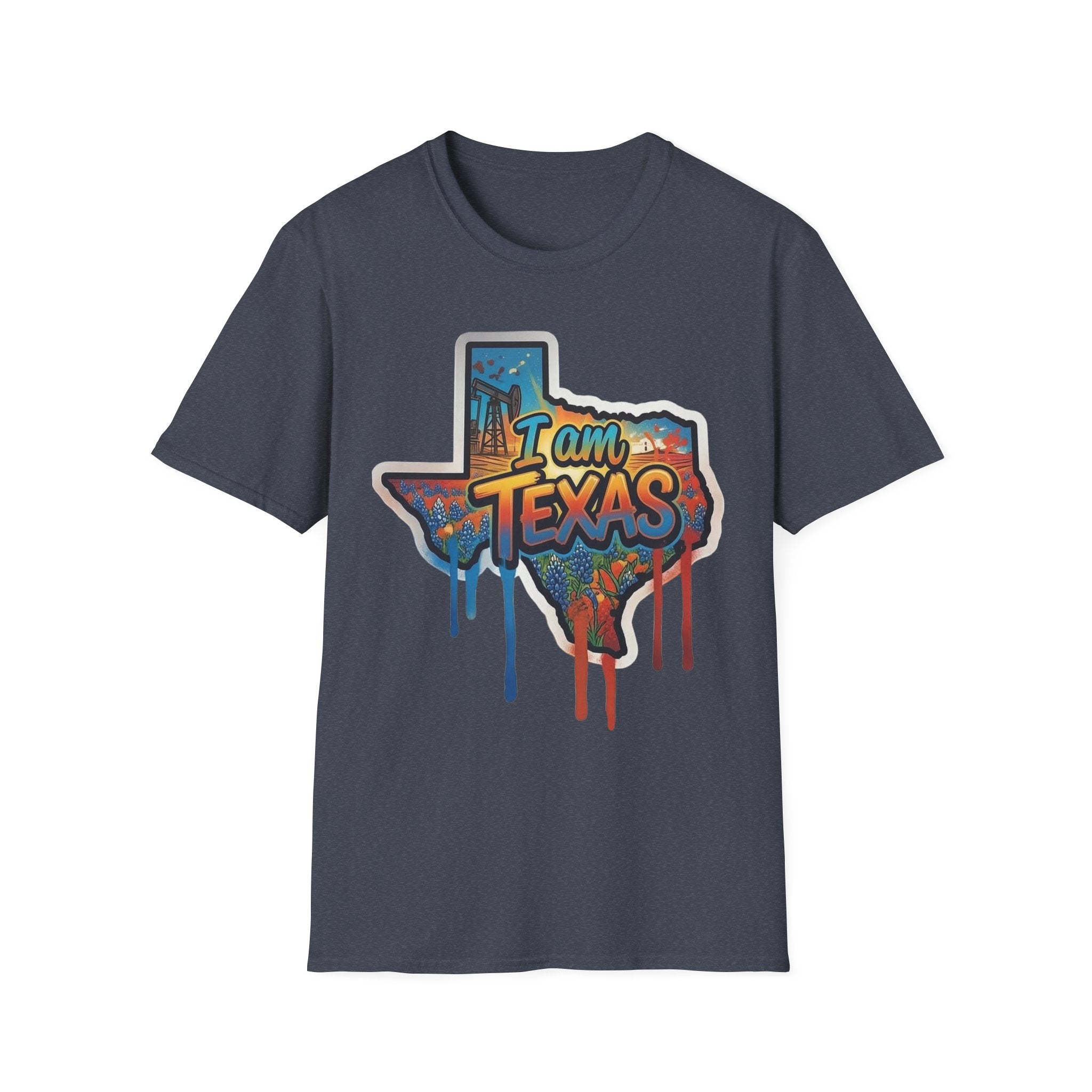 Dark heather T-shirt with colorful Texas state outline graffiti graphic