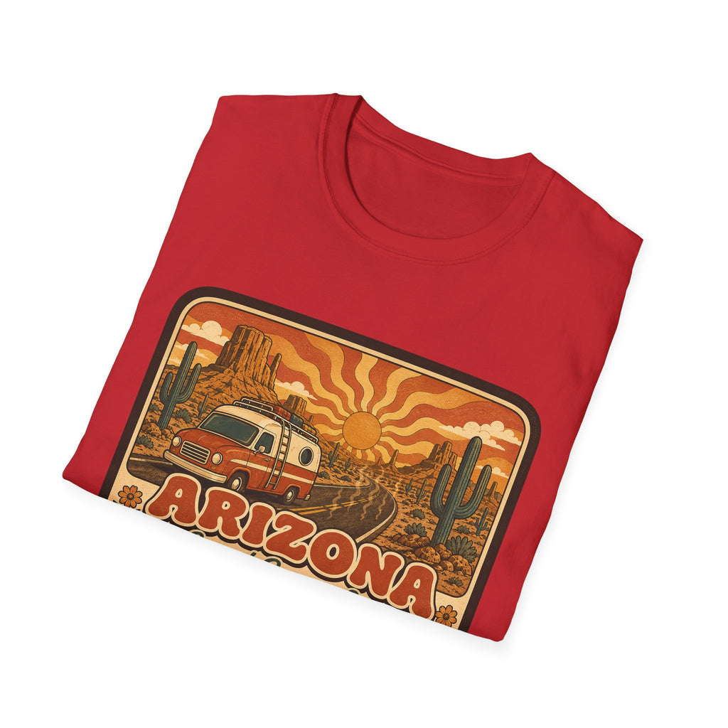 Red unisex graphic T-shirt with Arizona desert van and cactus print
