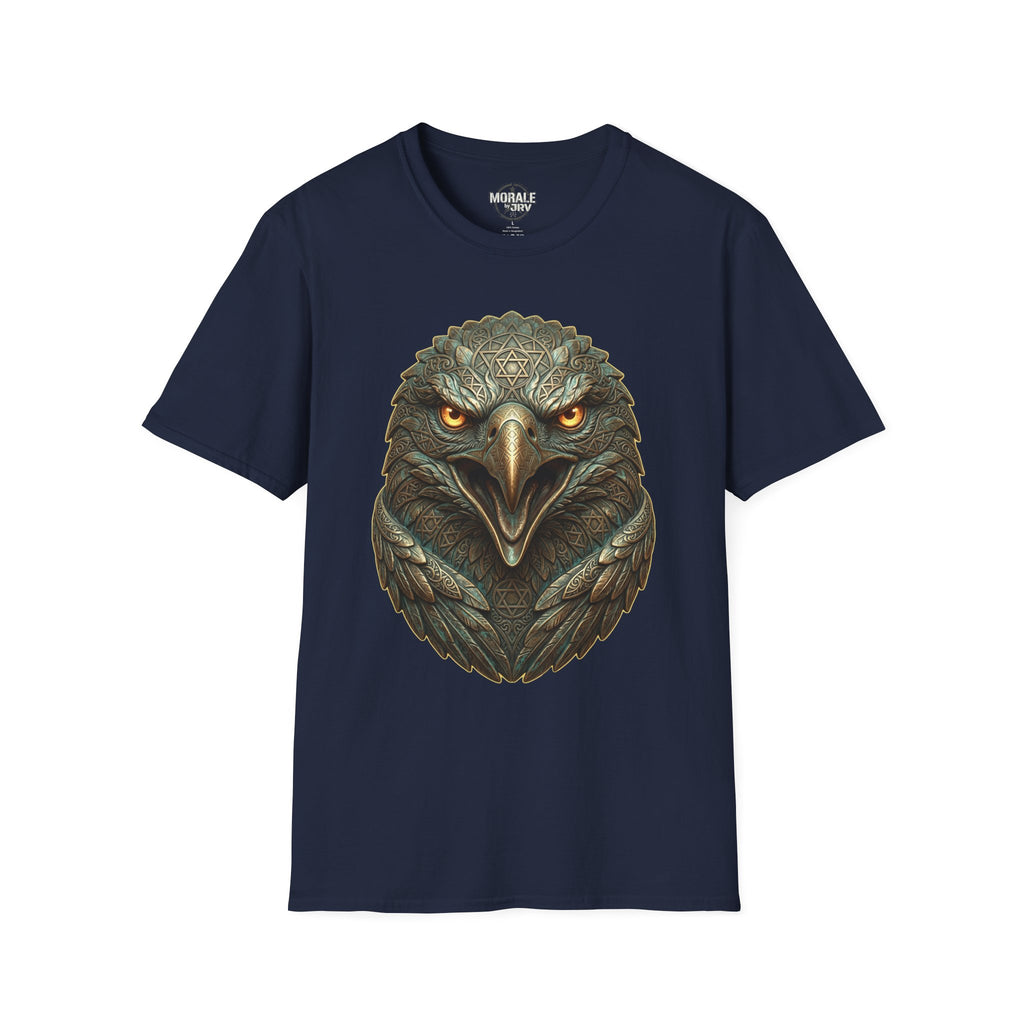 Navy T-shirt, realistic eagle head print with golden eyes
