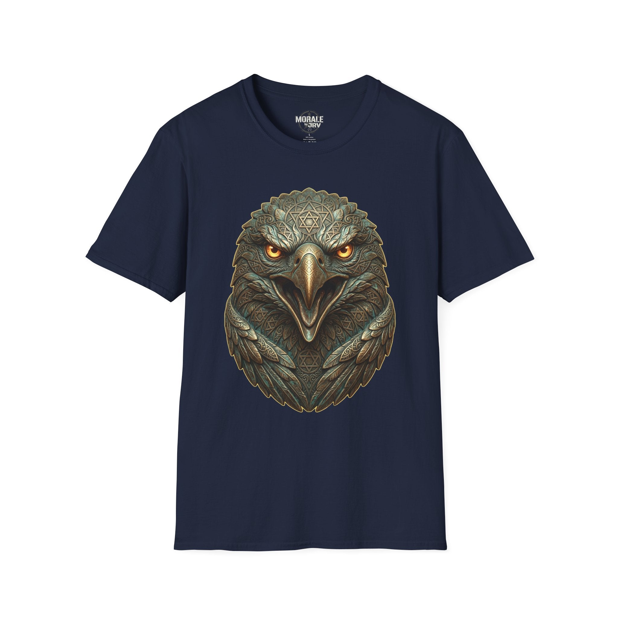 Navy T-shirt, realistic eagle head print with golden eyes