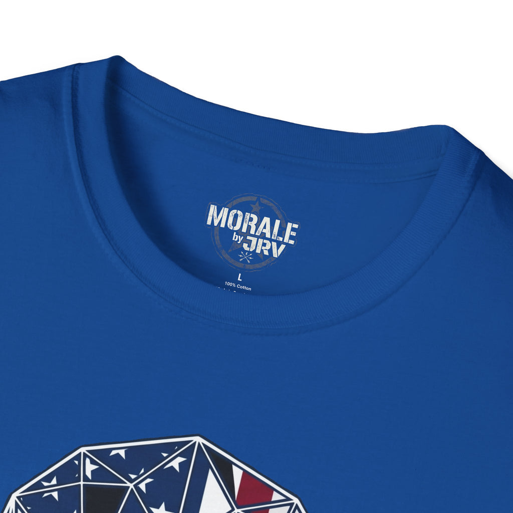 Back of royal blue T-shirt with 'MORALE by JTR' logo