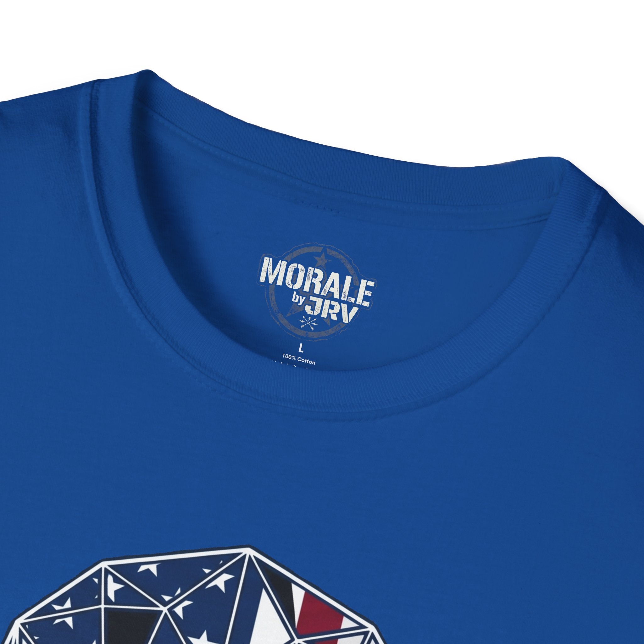 Back of royal blue T-shirt with 'MORALE by JTR' logo