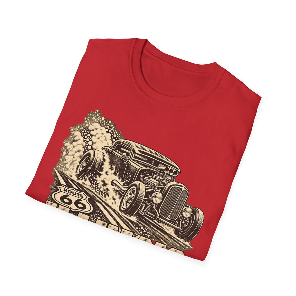 Red crew-neck t-shirt with vintage hot rod and Route 66 graphic on front