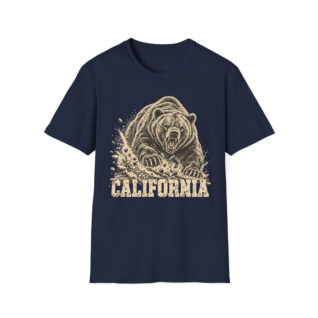 Navy bear graphic t-shirt with vintage California wordmark and roaring bear print
