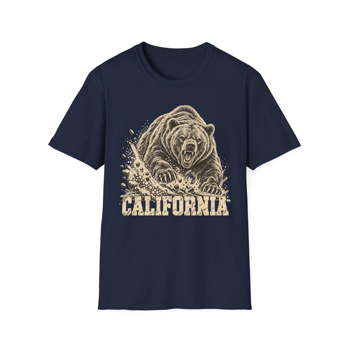 Navy bear graphic t-shirt with vintage California wordmark and roaring bear print