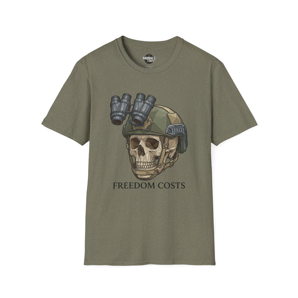 Heather Military Green tactical skull NVG graphic T-shirt with “FREEDOM COSTS” text