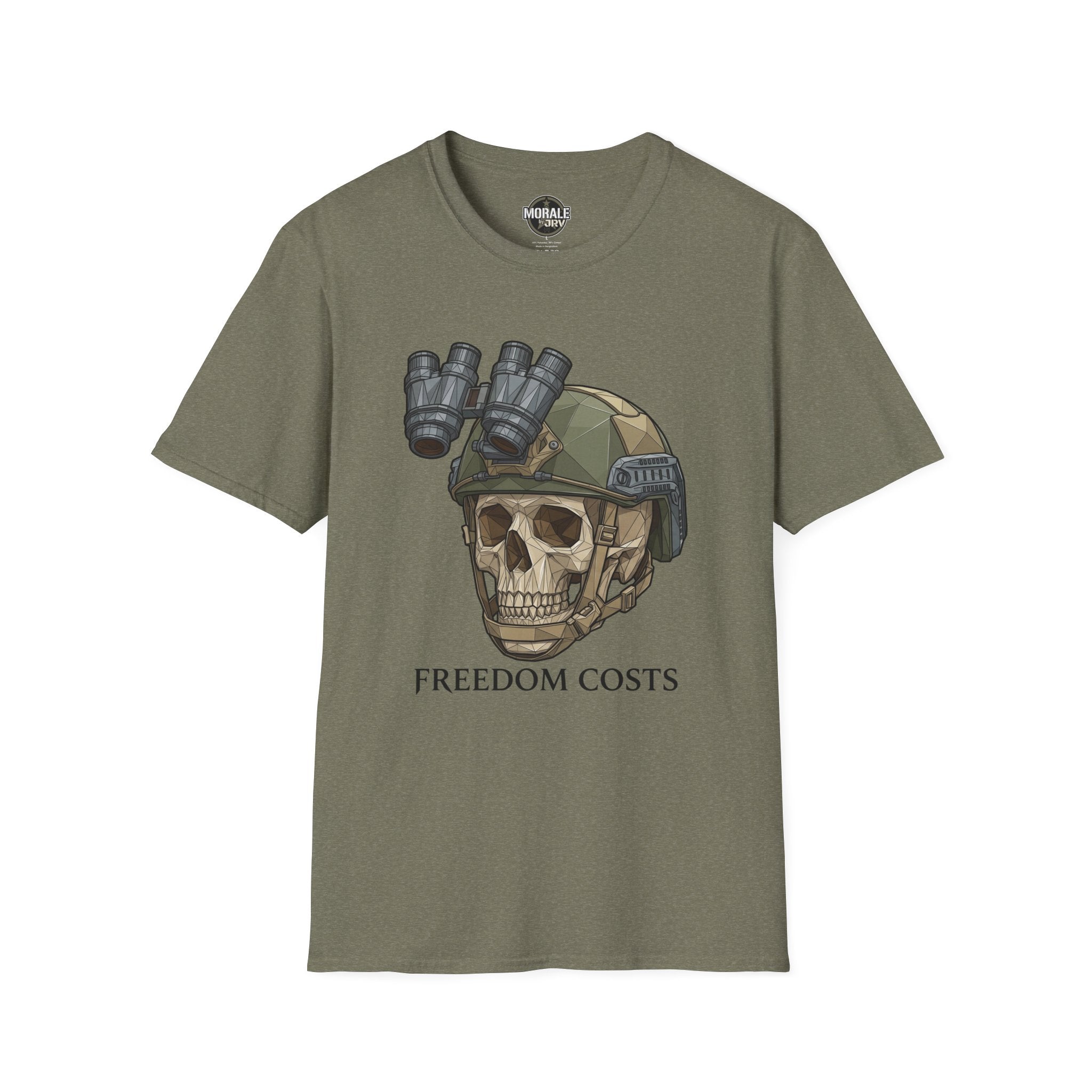 Heather Military Green tactical skull NVG graphic T-shirt with “FREEDOM COSTS” text