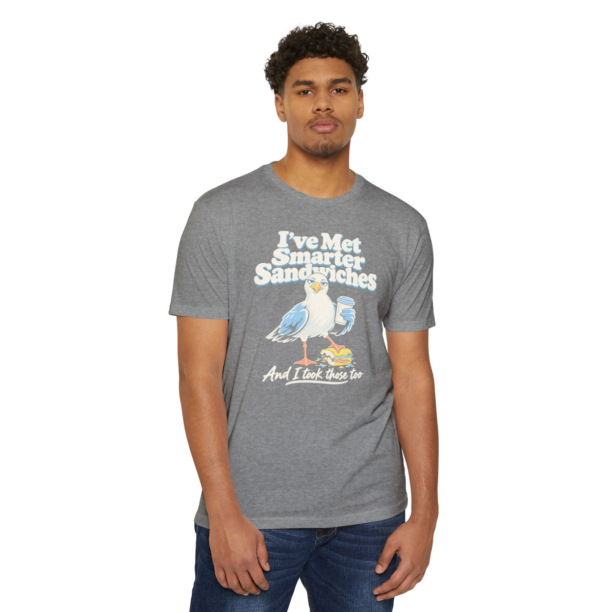 Heather gray graphic t-shirt with seagull and “I’ve Met Smarter Sandwiches” text