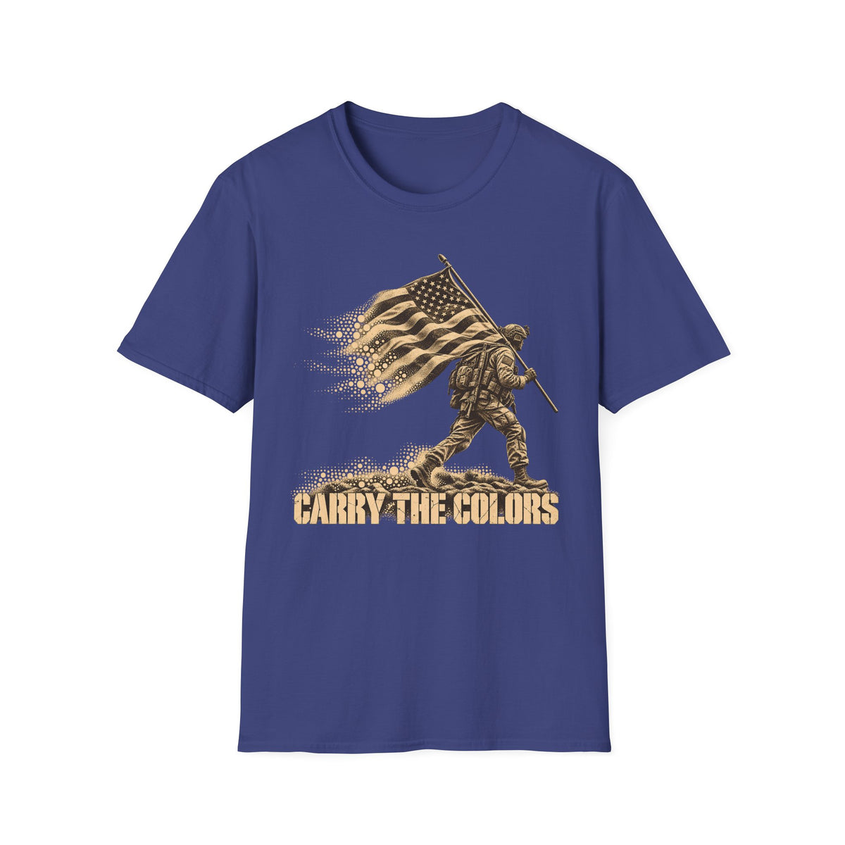 Navy blue t-shirt with gold soldier carrying flag graphic and “CARRY THE COLORS” text
