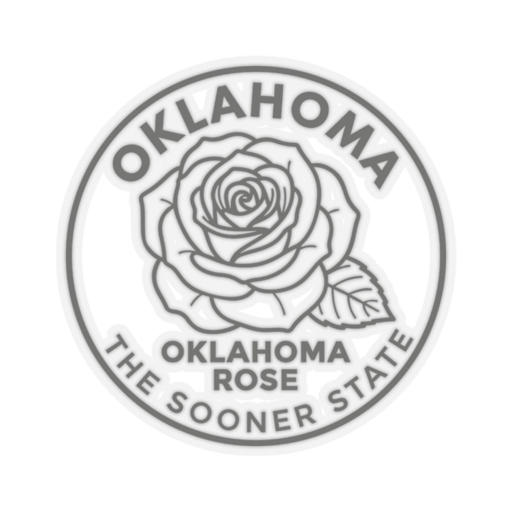 Transparent vinyl circular rose sticker with Oklahoma text and line-art rose illustration
