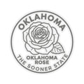 Transparent vinyl circular rose sticker with Oklahoma text and line-art rose illustration