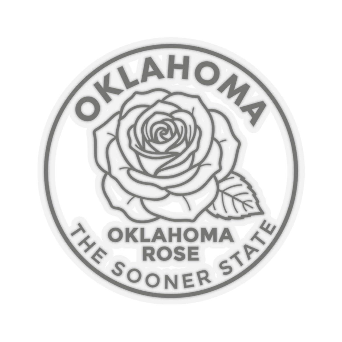Transparent vinyl circular rose sticker with Oklahoma text and line-art rose illustration