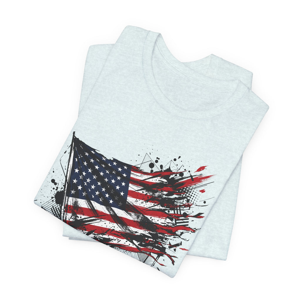 Light blue T-shirt stack with distressed American flag and Old Glory graphic