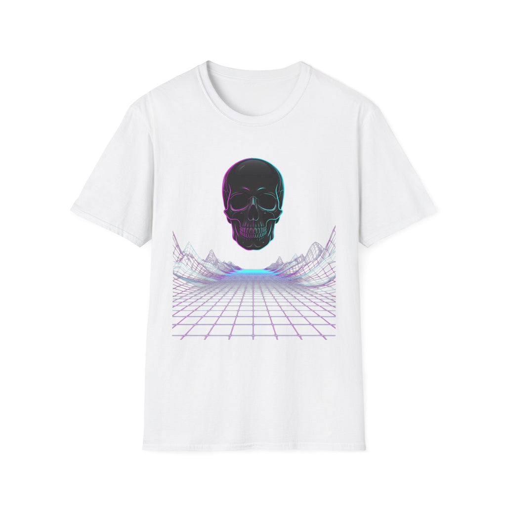 Unisex white T-shirt with neon skull face and colorful cyber grid graphic on front