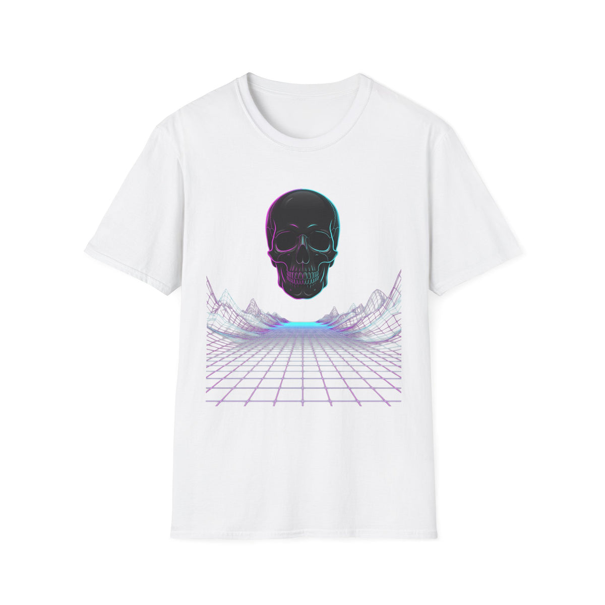 Unisex white T-shirt with neon skull face and colorful cyber grid graphic on front