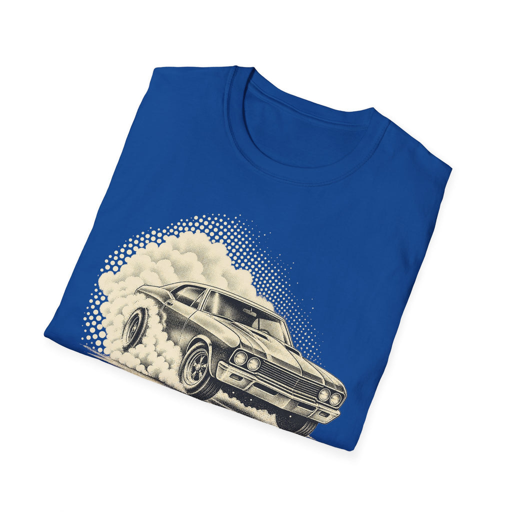 Navy short-sleeve T-shirt with vintage car graphic and halftone dot sky background
