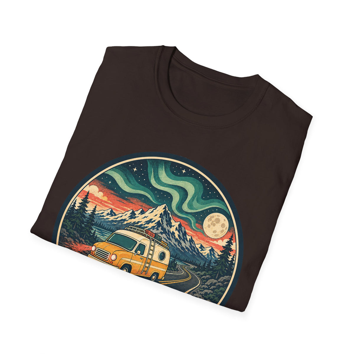 Dark brown unisex T-shirt with circular camper, mountains, moon and aurora graphic
