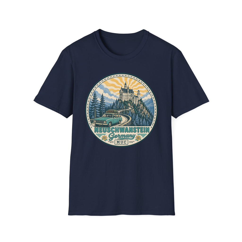 Navy T-shirt with round Neuschwanstein castle illustration graphic on the chest