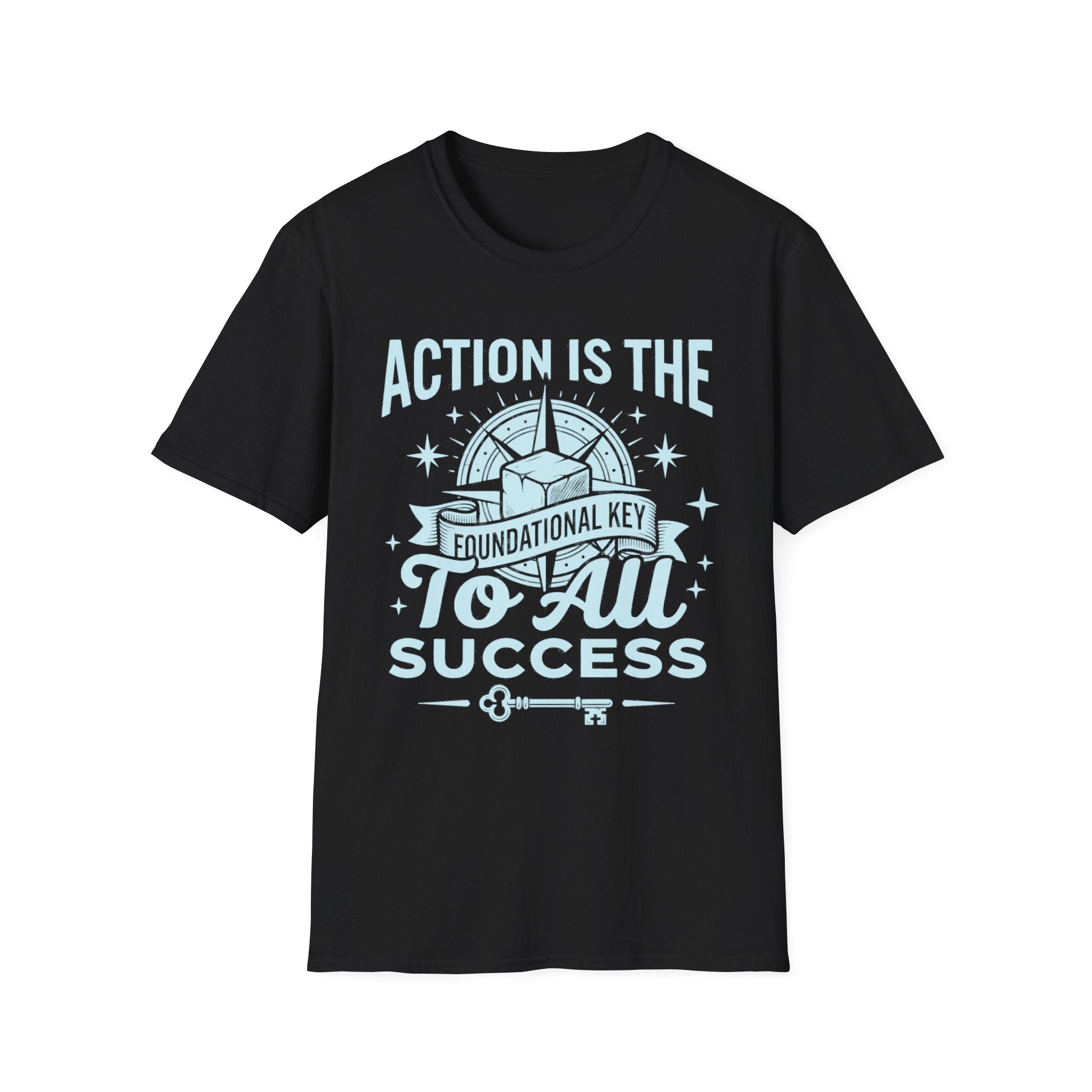 Black T-shirt: Action is the foundational key to all success graphic print