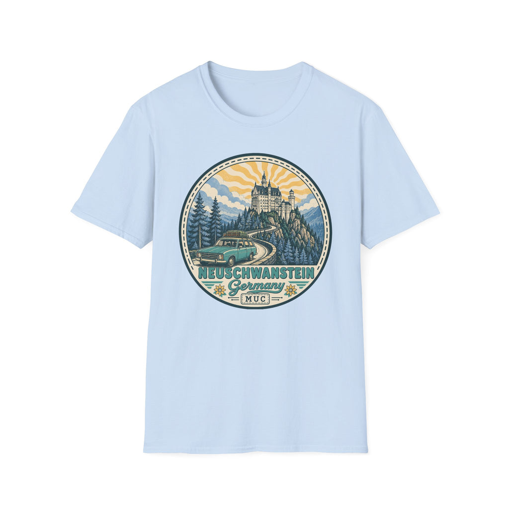 Light blue T-shirt with round Neuschwanstein castle illustration graphic on the chest