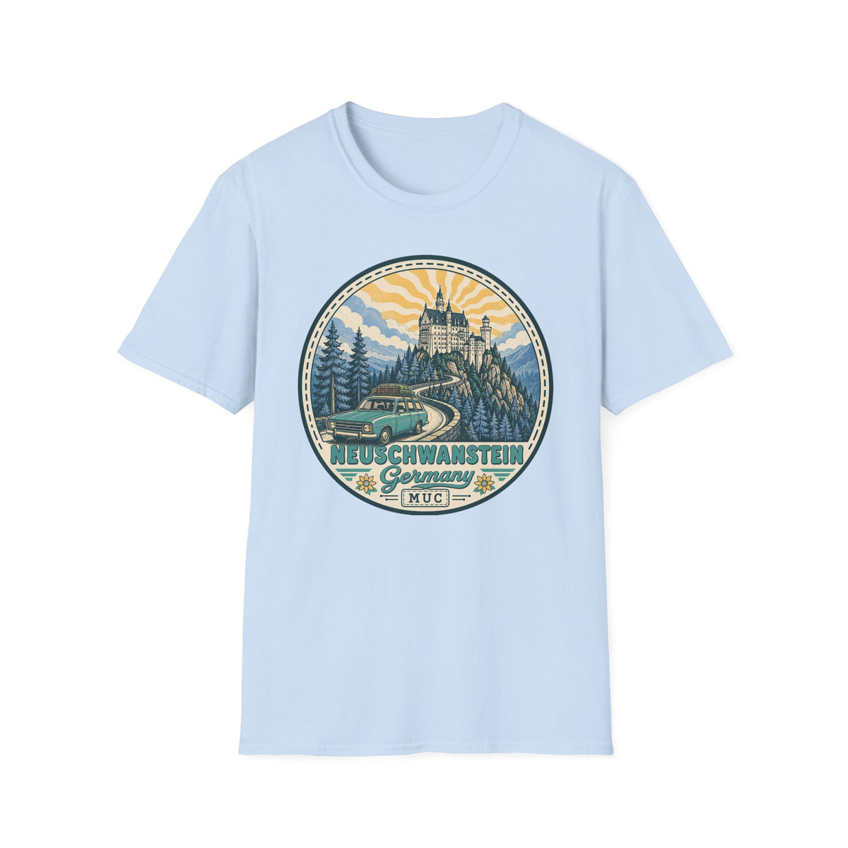 Light blue T-shirt with round Neuschwanstein castle illustration graphic on the chest