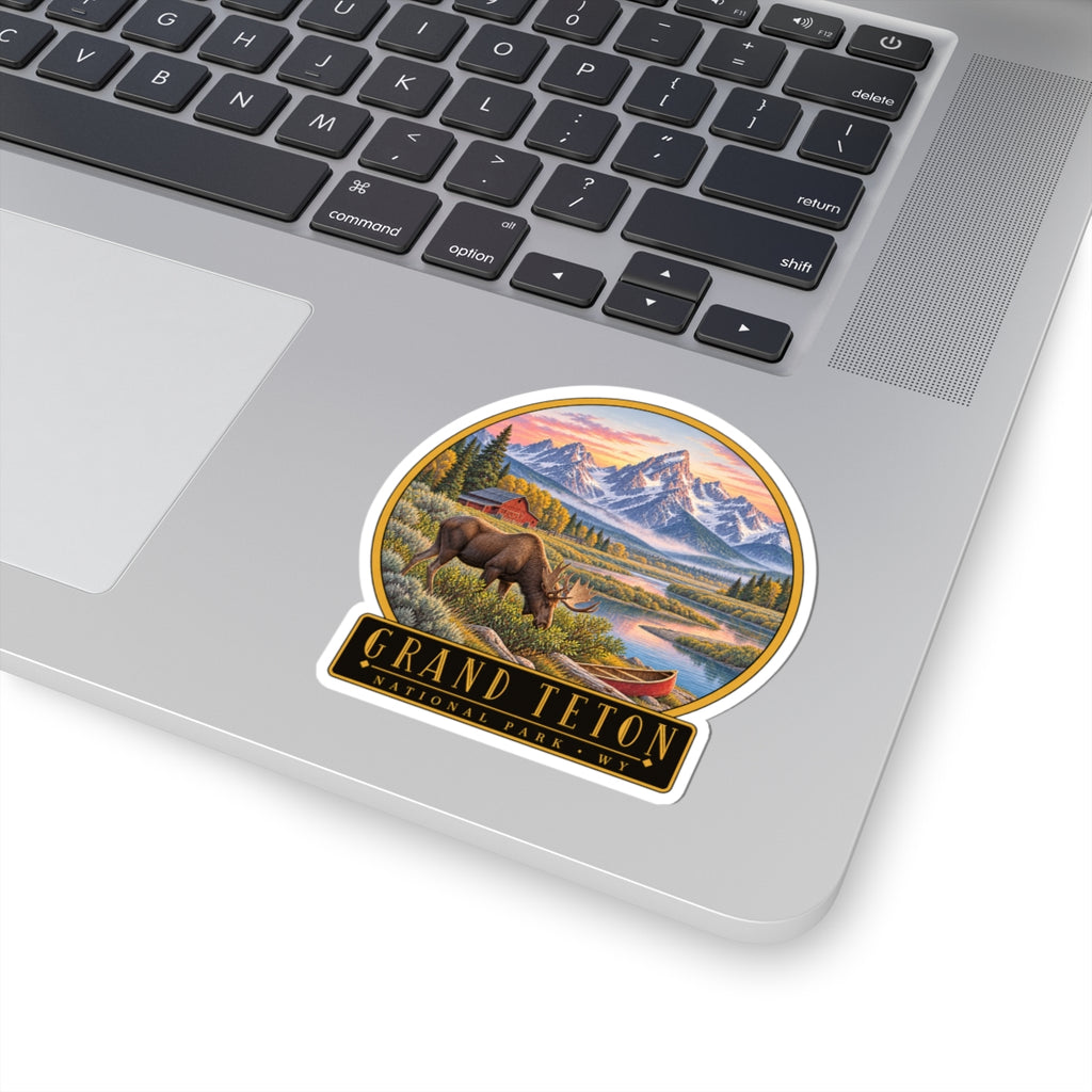 Kiss-cut national park sticker: moose and Grand Teton mountains with arched scene border