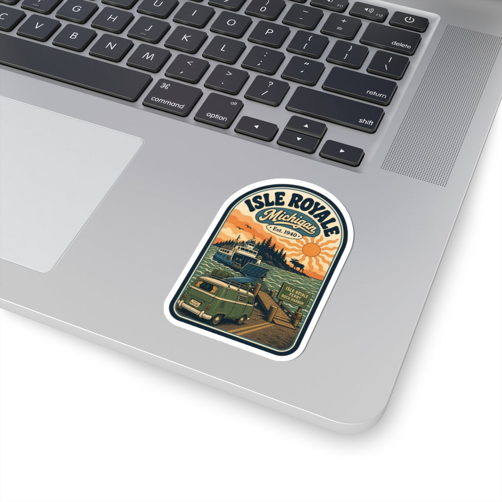 Isle Royale National Park sticker with Michigan emblem and green camper van on rounded border