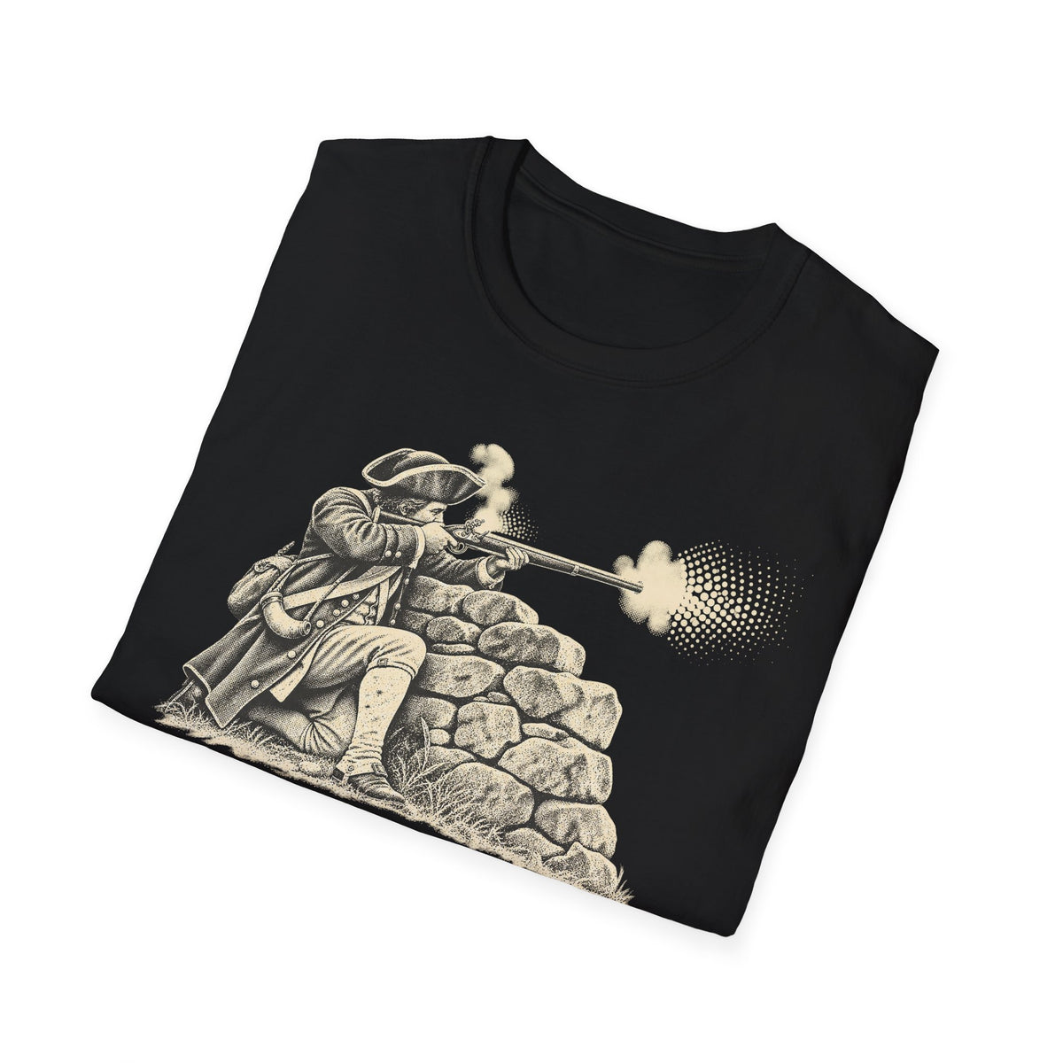 Black crewneck t-shirt with musket soldier and stone wall graphic on front
