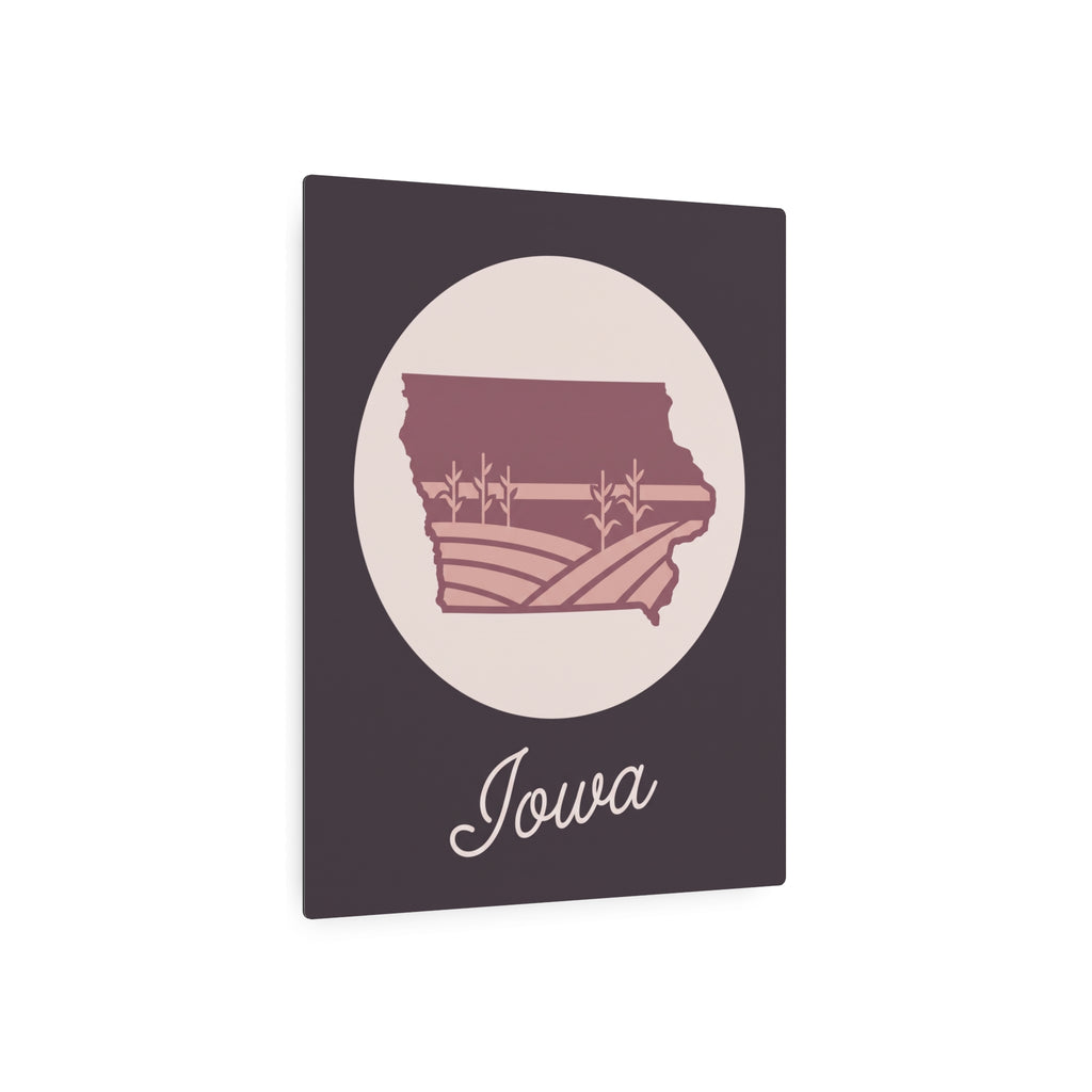 Iowa square metal wall sign with maroon state outline, farmland scene, and "Iowa"