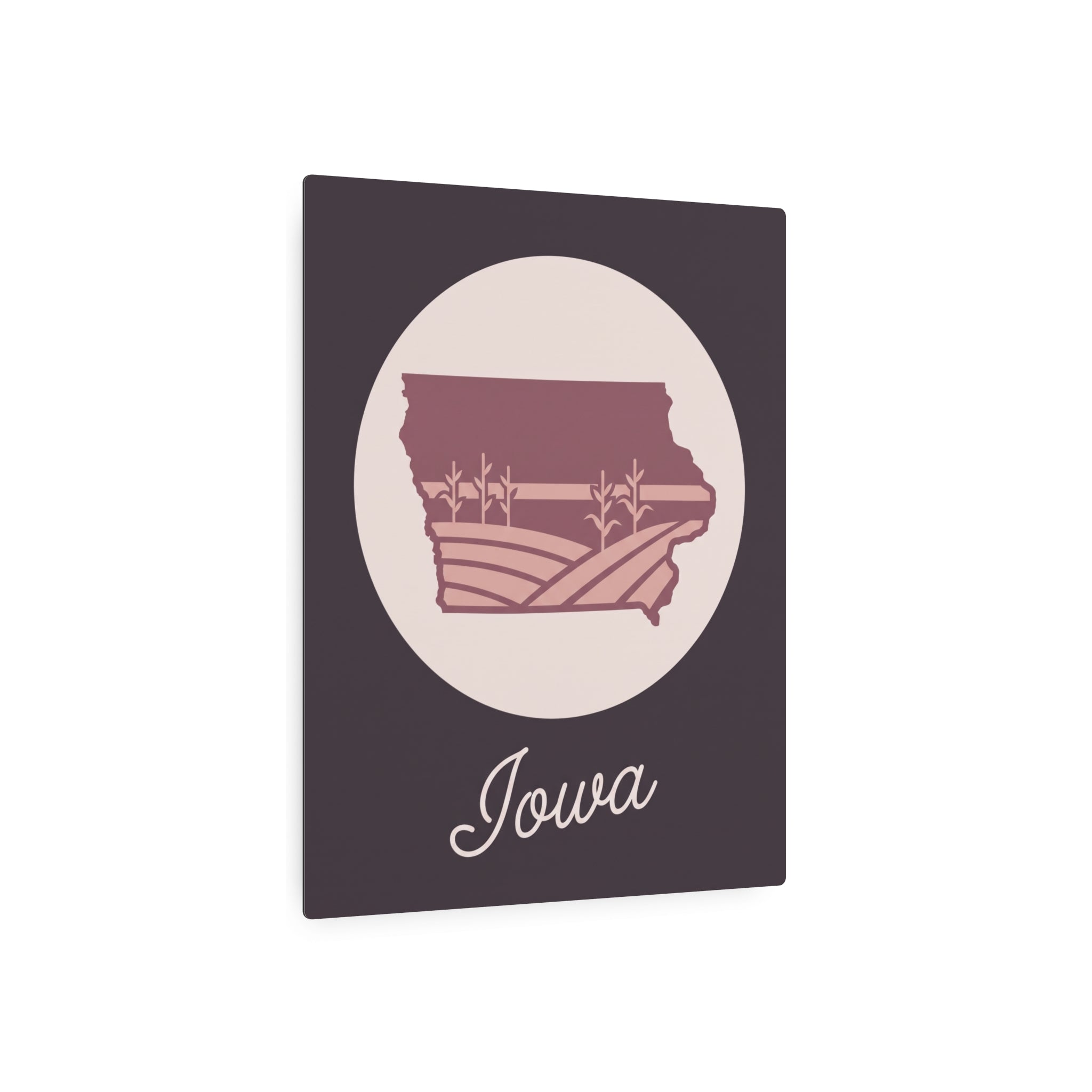 Iowa square metal wall sign with maroon state outline, farmland scene, and "Iowa"