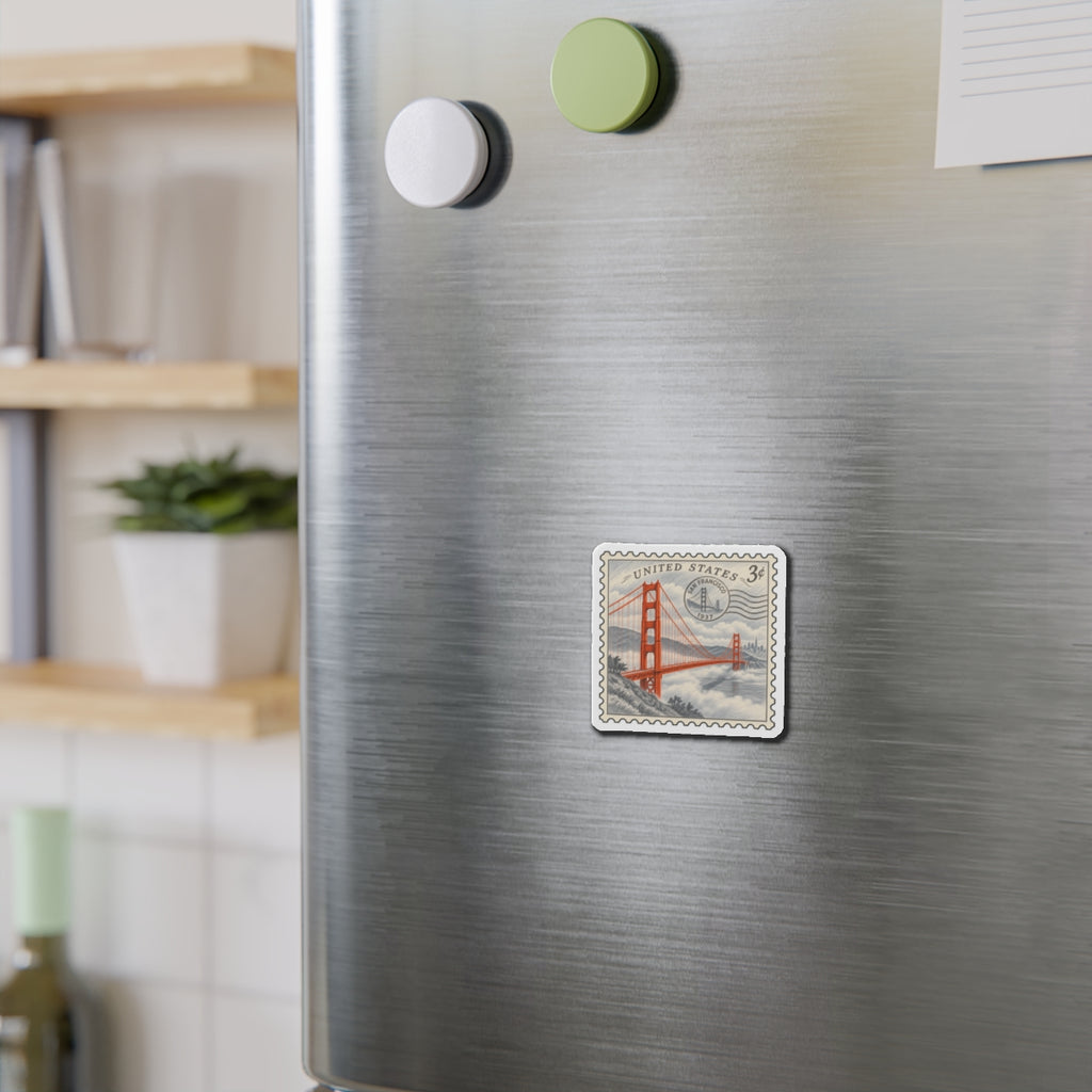 Die-cut Golden Gate Bridge stamp magnet on stainless refrigerator surface