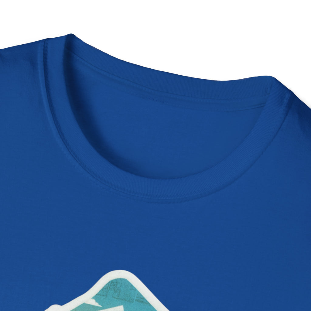 Royal blue T-shirt crew neck with partial colorful graphic at the chest.