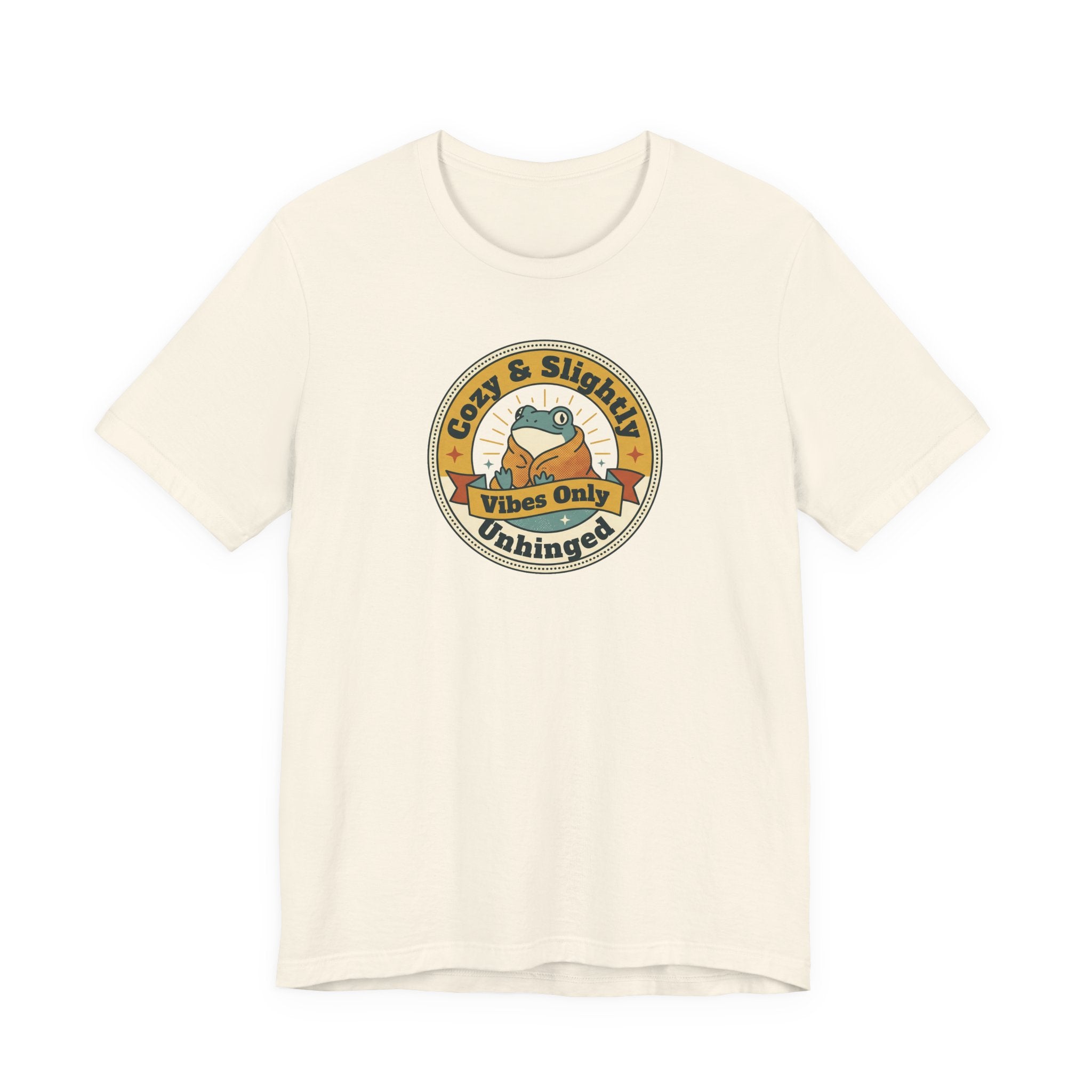 Cream sloth graphic T-shirt with round badge emblem on chest