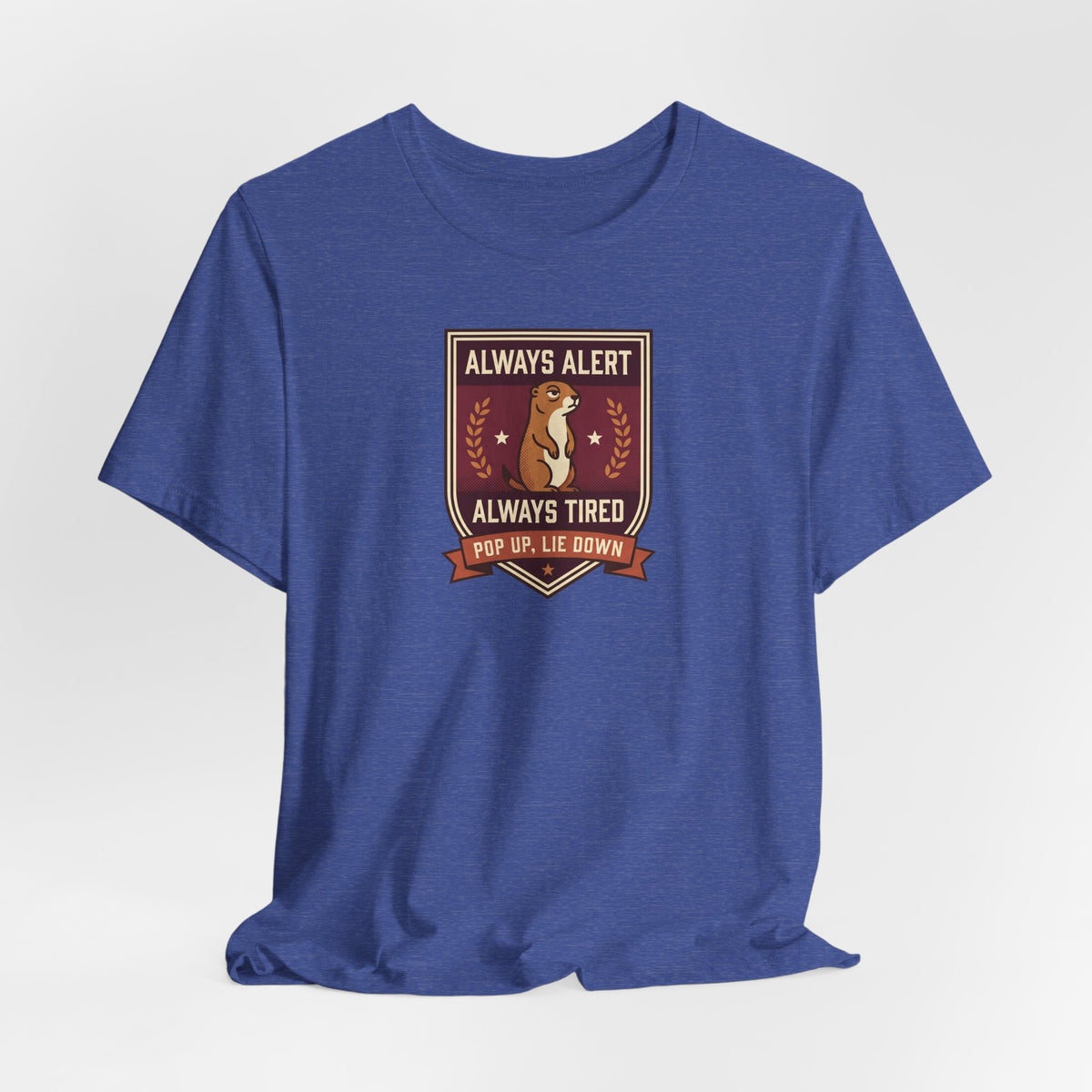 Blue crew-neck t-shirt with squirrel crest emblem and banner text graphic