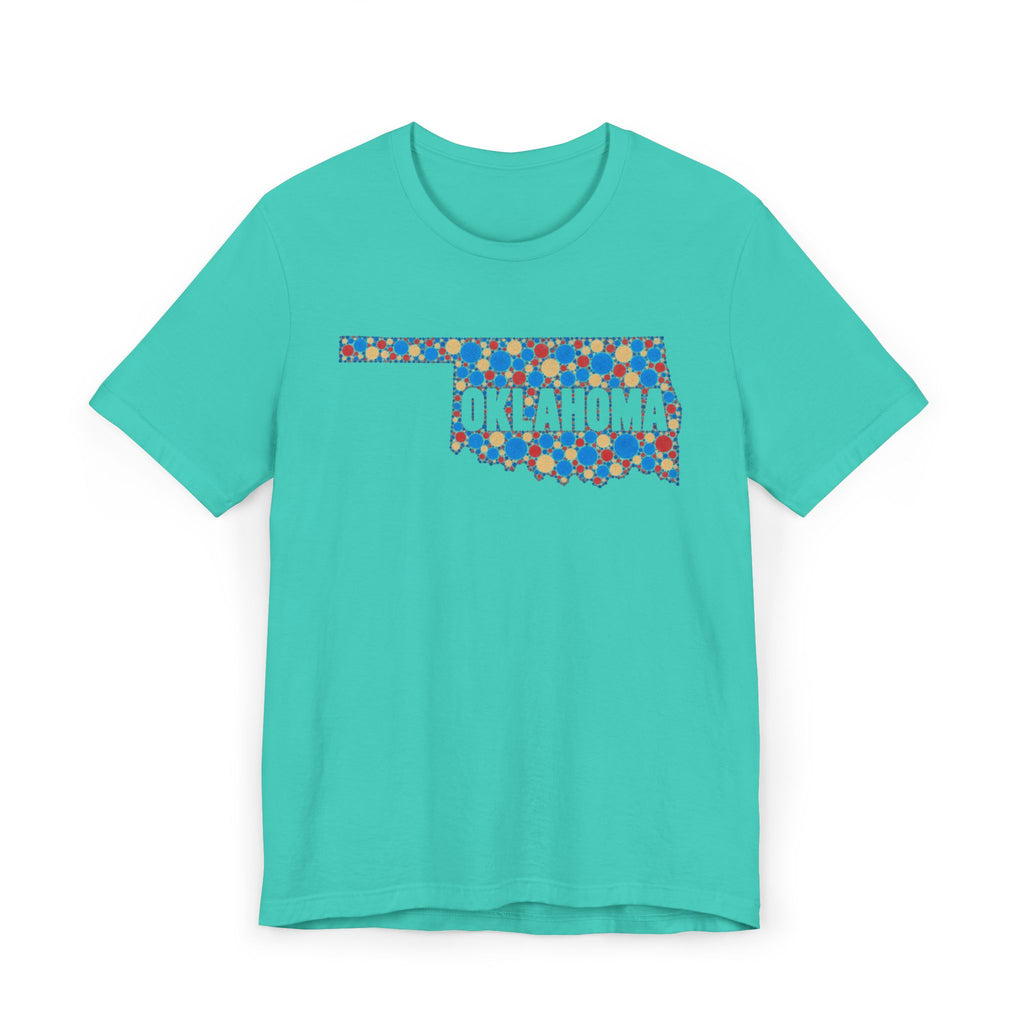 Teal T-shirt with colorful Oklahoma floral map graphic across chest